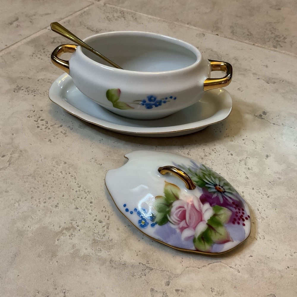 Lefton China Sugar Bowl With Attached Plate And Lid, 6" #4668 - Picture 3 of 4